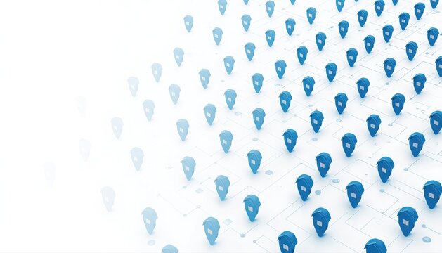 Grid of multiple blue location map pins with location navigation destination tracking position direction technology logistic isolated isometric interface delivery business logistics