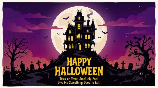 Spooky haunted house illustration featuring a glowing moon and graveyard for a festive halloween celebration design