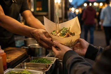 Street food vendor hands over a wrapped dish with chopsticks to a customer at a bustling night market with blurred people and food stalls in the background © Denis Tuev