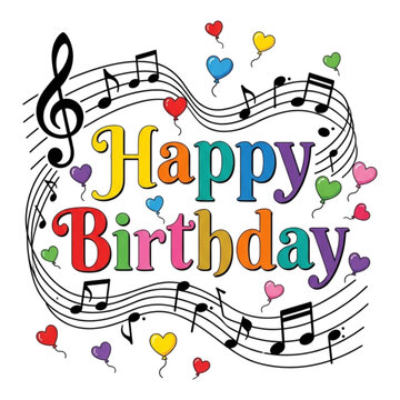 Musical Happy Birthday Greeting Design with Heart-Shaped Balloons