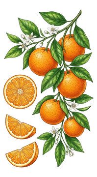 Botanical Orange Tree Branch Illustration with Blossoms and Fruit Slices