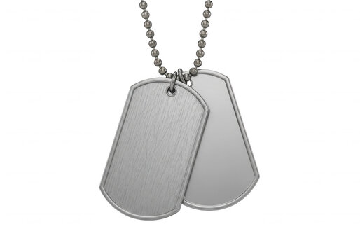 Two brushed metal military dog tags on chain isolated on transparent background for adventure and army designs