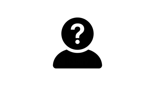 Minimalist black icon featuring a person silhouette with a white question mark inside the head