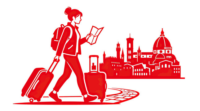 Woman traveler with luggage and map in front of Florence cityscape