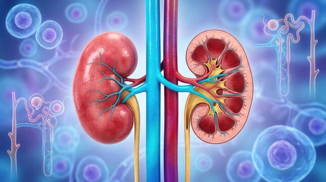 Detailed anatomical 3d medical illustration of human kidneys with internal structures and blue blood vessels