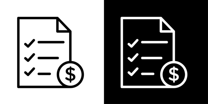 Payment checklist document icon set in solid and outline style. Perfect for invoice approval, financial checklist, billing verification and expense tracking concepts.