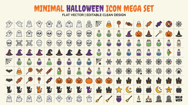 Halloween icons set featuring various symbols and objects on a flat section design