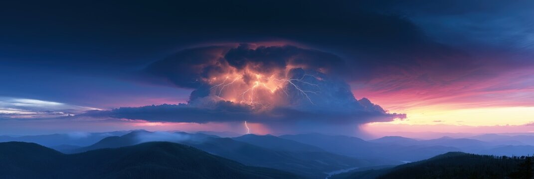 Massive Supercell Thunderstorm with Intense Lightning Over Mountain Landscape at Sunset Extreme Weather and Climate Change Concept