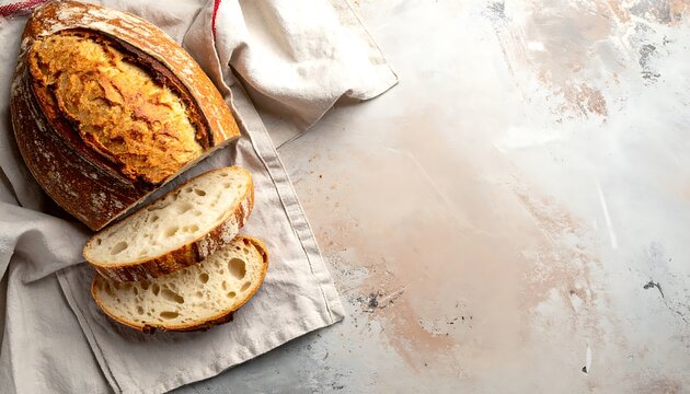 Freshly Baked Bread Sliced on Linen Cloth, Rustic Kitchen Surface, Overhead View, Homemade Artisan Bread Concept