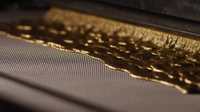 Close-up of molten gold flowing over a textured surface.