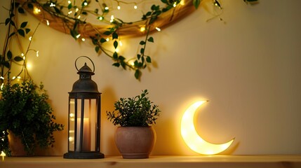 Fototapeta premium Cozy nighttime shelf decor featuring lanterns, moon lamp, and warm fairy string lights across a pale wall