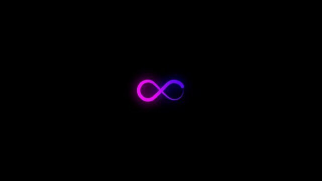 Glowing neon infinity symbol animation with pink and blue gradient line on black background, loopable sci-fi loop