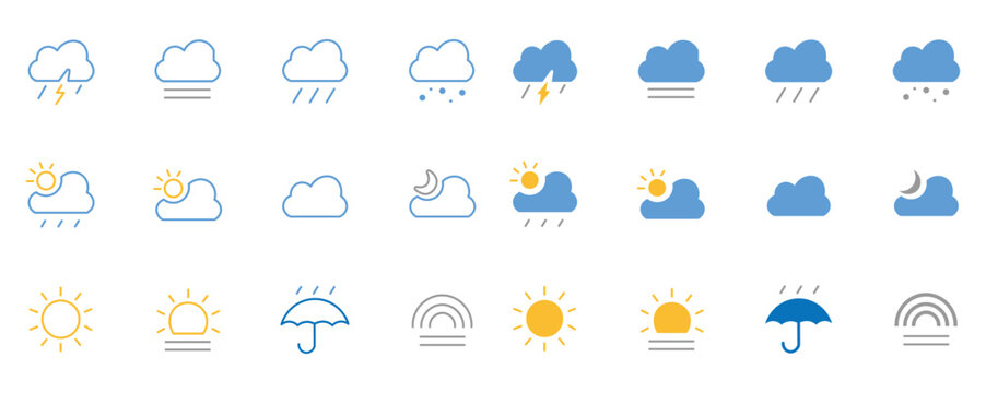 Weather line icons set. Modern weather line icon collection featuring sunny, cloudy, rainy, storm, fog, snow, moon, rainbow, and umbrella symbols.