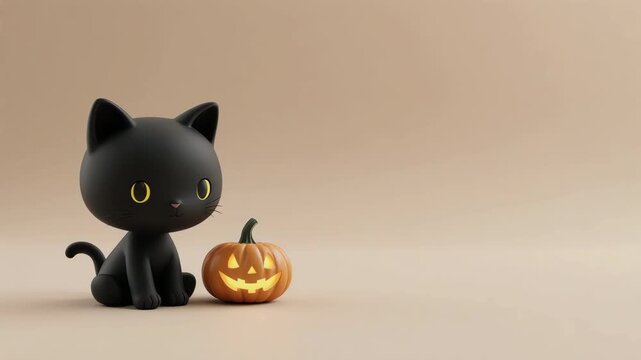 Cute 3D black cat sitting on a small wooden platform with tiny pumpkins and warm fairy lights. Halloween theme with ghost