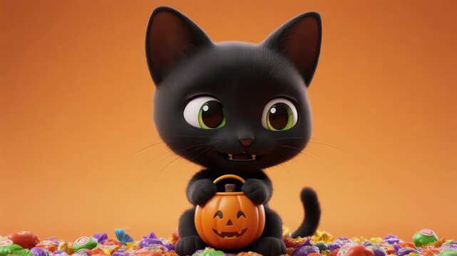 Cute 3D black cat sitting on a small wooden platform with tiny pumpkins and warm fairy lights. Halloween theme with ghost