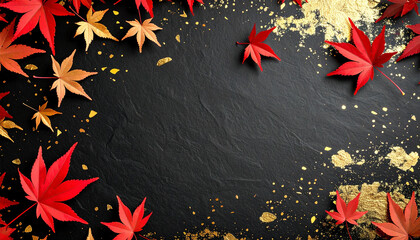リアルな質感の黒和紙に映えるゴールドの箔押しと赤紅葉。文字の視認性を高めたフレーミング構図のテクスチャ