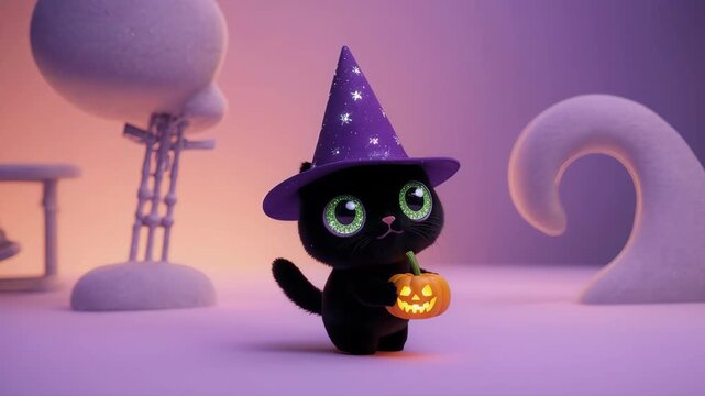Cute 3D black cat sitting on a small wooden platform with tiny pumpkins and warm fairy lights. Halloween theme with ghost