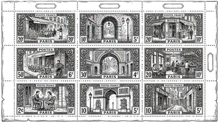 Vintage Parisian Street Scenes: Cafes, Arches, and Daily Life Stamp Sheet © Jepe