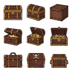 Collection of vintage treasure chests with gold coins and locks. © Pae