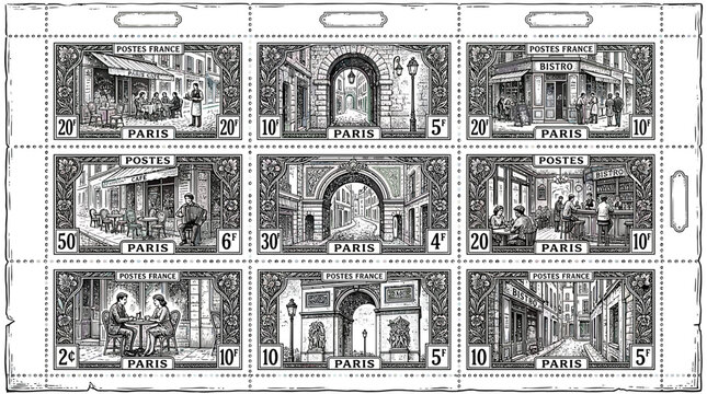 Vintage Parisian Street Scenes: Cafes, Arches, and Daily Life Stamp Sheet