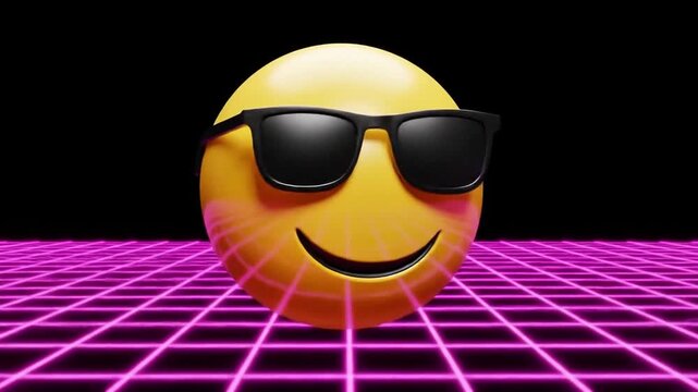 Yellow smiling cool emoji face with black sunglasses on purple neon grid pattern background. Suitable for social media posts or advertisements.