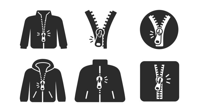Minimalist black icons showing apparel zippers on jackets and hoodies with detailed fasteners and puller tracks