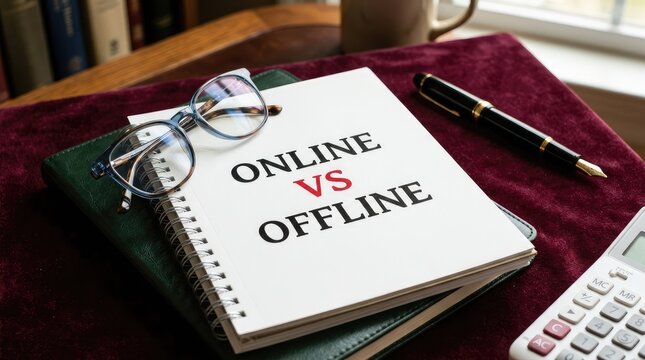 Spiral notebook displaying printed text comparing online versus offline business strategies on a dark velvet surface