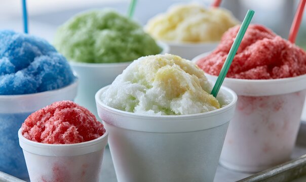  picture of different flavor (blue raspberry , green apple, pina colada, strawberry) juicy filled snowball drinks in different size white styrofoam cups