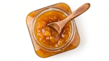 Fototapeta premium Top Down View of Apricot Jam in Glass Jar with Wooden Spoon