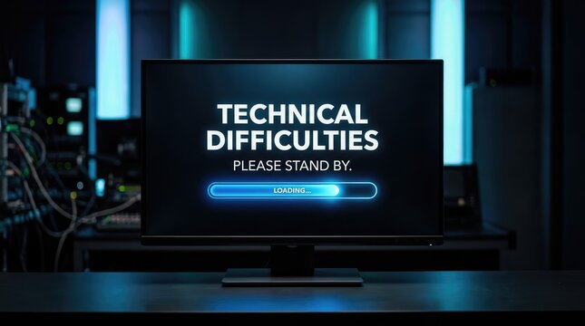 Modern computer monitor displaying a bright technical difficulties message with a blue glowing loading bar