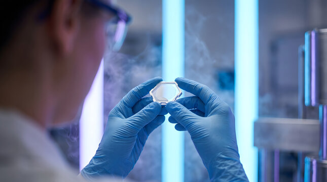 Close up of lab technician hands holding innovative computer microchip device sample inside cleanroom facility
