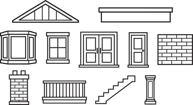 Architectural House Elements Set with Windows Doors and Roof