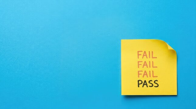Bright yellow sticky note displaying fail fail fail pass text on a vibrant blue background surface