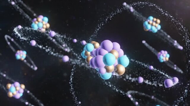 Scientific 3D illustration of atomic nucleus with orbiting electrons and subatomic particles in dark space concept of physics and chemistry