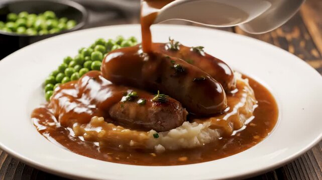 Savory brown gravy pouring from white gravy boat onto grilled pork sausages garnished with fresh herbs, served on bed of creamy mashed potatoes with side of green peas on white plate.