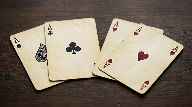 Four vintage playing cards ace spades and hearts displayed on wooden surface