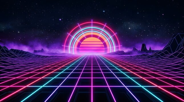 Vibrant retro synthwave landscape featuring a glowing neon sun over a dark digital grid under a starry purple night sky
