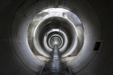 Fototapeta premium canalization. Interior of massive concrete drainage pipes in urban underground, leading to light. real-estate listings.