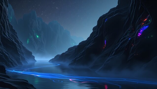 Fantasy Black Opal Canyon Landscape with Liquid Platinum River and Ethereal Glowing Mist Background