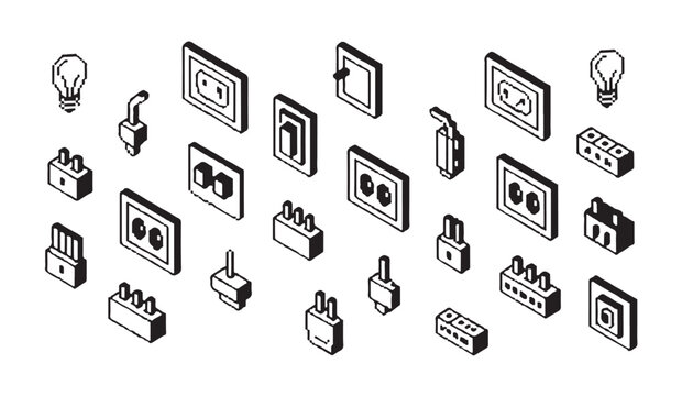 Isometric pixel art icons of electrical sockets switches and light bulbs for smart homes.