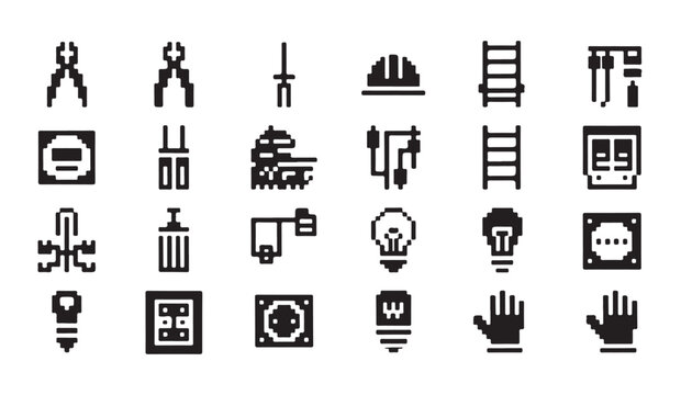 Industrial pixel art set featuring electrical tools hardware and technical equipment.