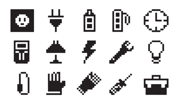 Pixel art electrical icons set for electronic repair shop tools equipment and hardware app.