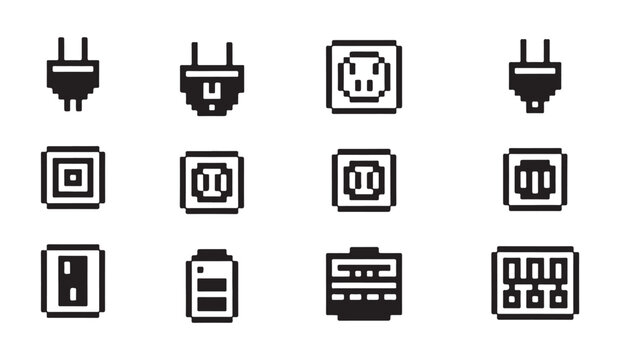 Minimalist pixel art icons set for electronic components plugs chips and power interfaces.