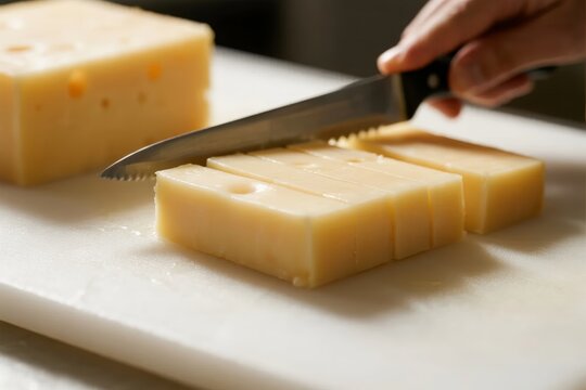 A hand slicing a block of Swiss cheese on a cutting board with a serrated knife