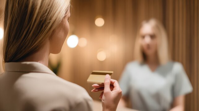 カードを差し出す女性と受付係