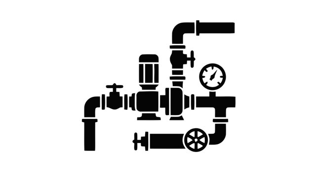 Vector illustration of industrial pump system with pipes, valves and pressure gauge icon on a transparent background