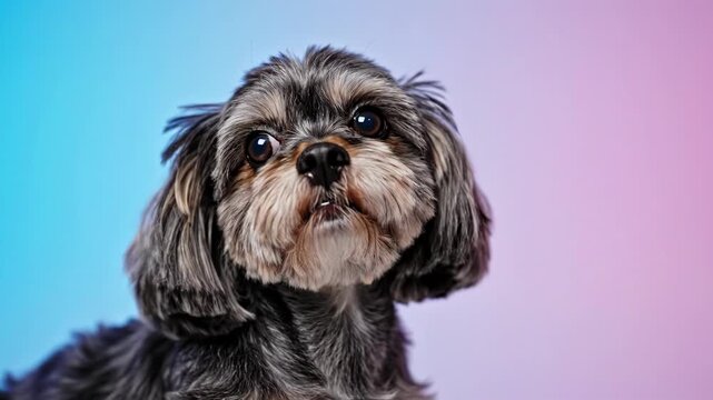 Close-up portrait of a small fluffy mixed-breed dog with grey and tan fur looking up with big brown eyes, isolated against a vibrant blue and pink gradient studio background.