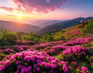 Fototapeta premium A breathtaking mountain landscape unfolds at sunrise, bathed in the soft glow of dawn, with vibrant pink rhododendron flowers carpeting the foreground and rolling hills stretching into the distance.