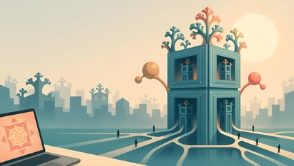 Fototapeta premium Modern business environments visualized through repeating fractal structures and organic growth patterns, innovative corporate illustration style