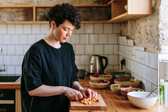 Person with androgynous style and curly hair chopping vegetables in rustic kitchen